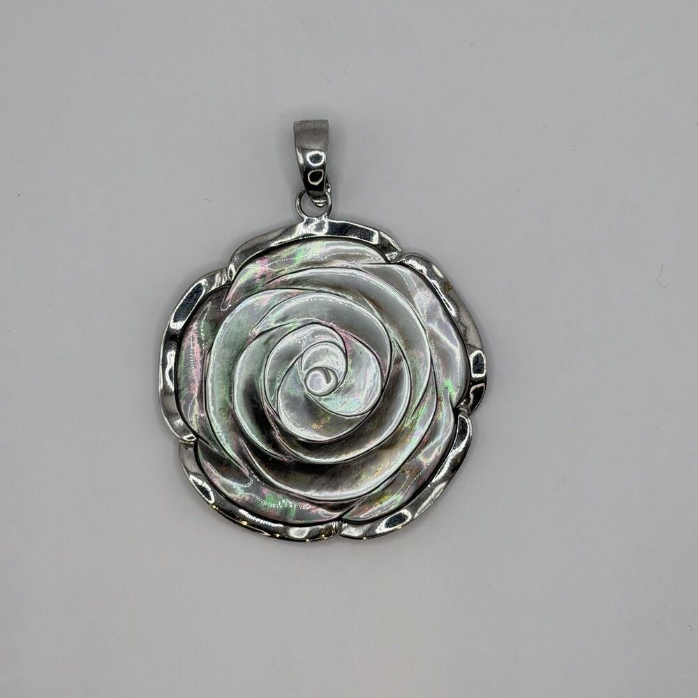 XL Abalone Flower Pendant Sterling Silver 925 Large Statement
